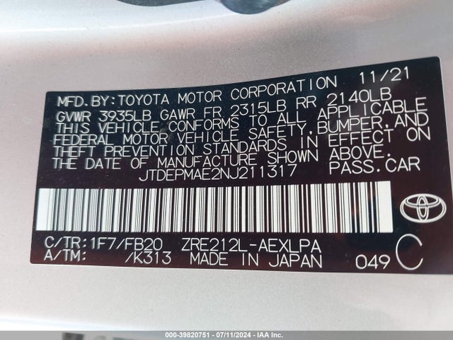 Toyota COROLLA LE 2022 JTDEPMAE2NJ211317 Image 9