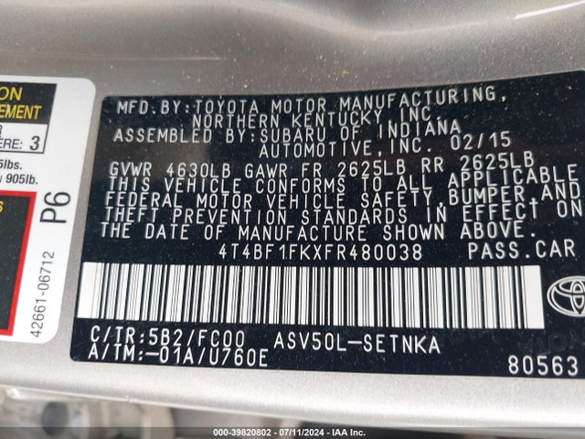 Toyota CAMRY LE 2015 4T4BF1FKXFR480038 Image 9
