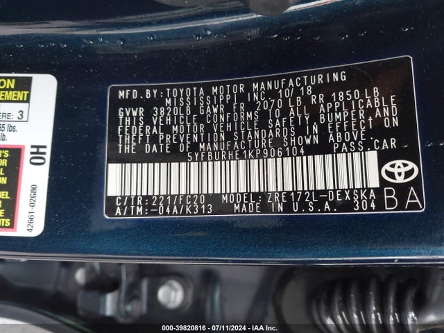 Toyota COROLLA SE 2019 5YFBURHE1KP906104 Image 9