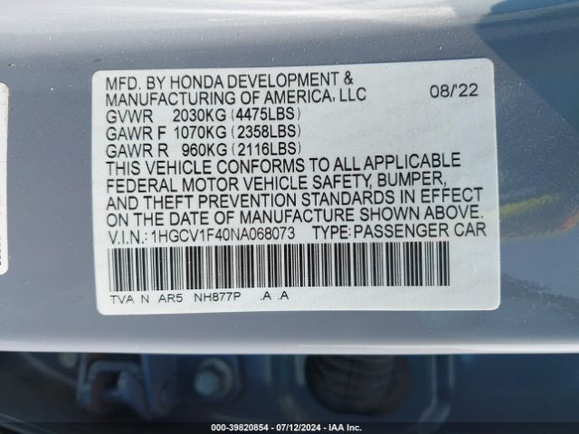 1HGCV1F40NA068073 Honda Accord Sport Special Edition