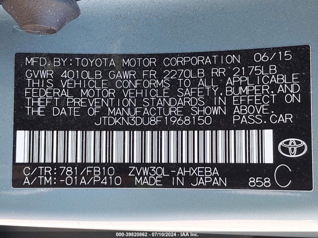 Toyota Prius Two 2015 JTDKN3DU8F1968150 Image 9