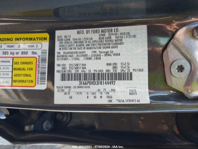 Ford FUSION SE 2015 3FA6P0HD3FR144492 Image 9