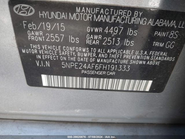 5NPE24AF6FH191333 Hyundai SONATA SE