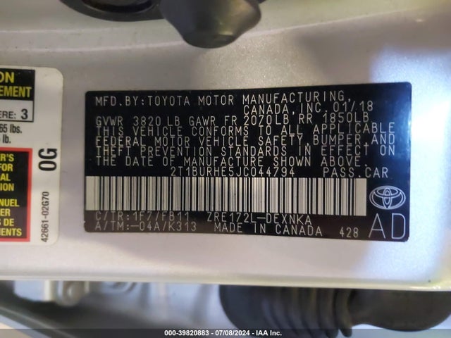 Toyota COROLLA LE 2018 2T1BURHE5JC044794 Image 9