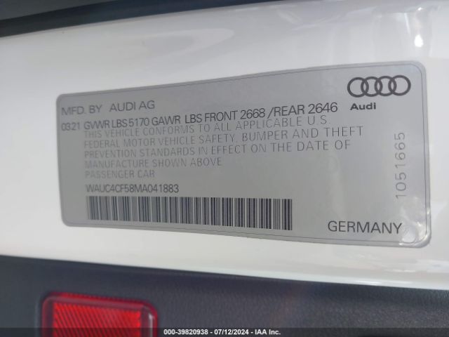 WAUC4CF58MA041883 Audi S5 Sportback Premium Plus Tfsi Quattro Tiptronic