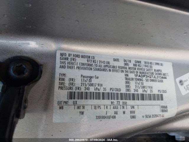 1FADP3H27JL313444 Ford FOCUS SEL