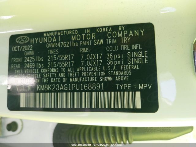 KM8K23AG1PU168891 Hyundai Kona Electric Se