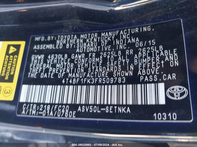 Toyota CAMRY LE 2015 4T4BF1FK3FR509783 Image 9