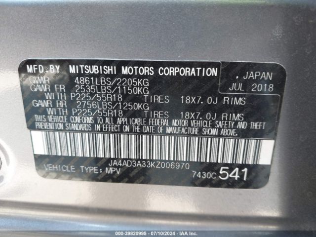 JA4AD3A33KZ006970 Mitsubishi Outlander Se