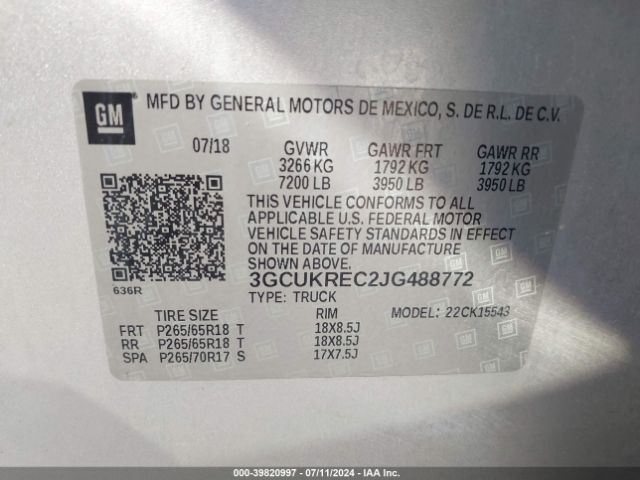 3GCUKREC2JG488772 Chevrolet Silverado 1500 2lt