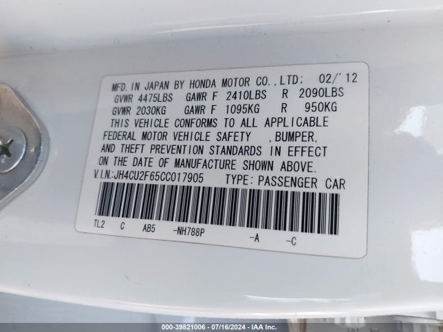 Aukcja sprzedaży 2012 Acura Tsx 2.4, vin: JH4CU2F65CC017905, numer aukcji: 39821006