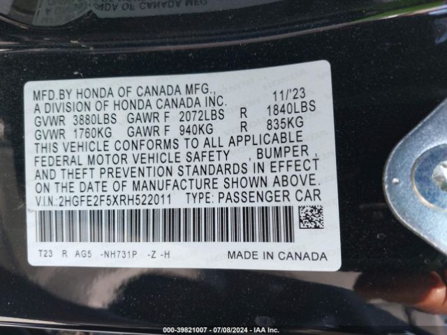 2HGFE2F5XRH522011 Honda Civic Sport