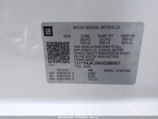 1GYS4JKJ9KR288067 Cadillac Escalade Esv Premium Luxury
