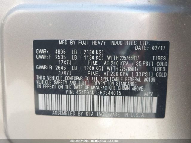 4S4BSADC6H3344015 Subaru Outback 2.5i Premium