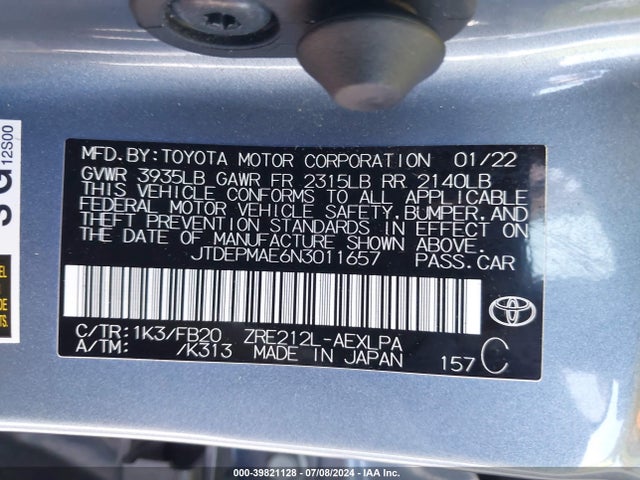 Toyota COROLLA LE 2022 JTDEPMAE6N3011657 Image 9