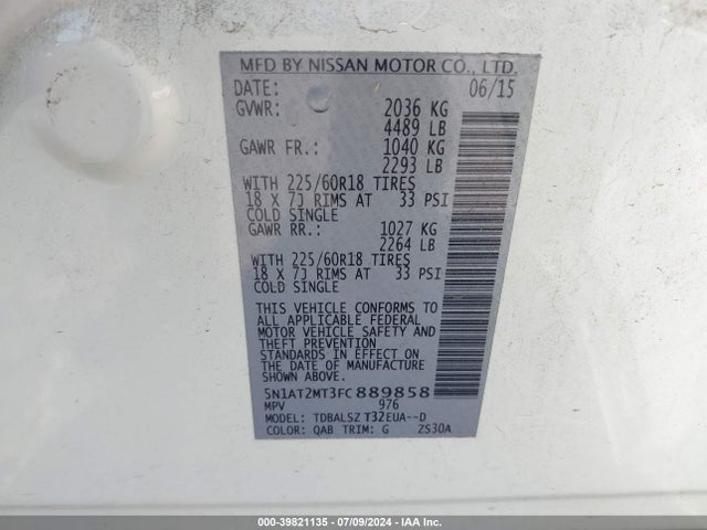 Nissan Rogue Sl 2015 5N1AT2MT3FC889858 Image 9