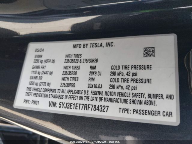 5YJ3E1ET7RF784327 Tesla MODEL 3