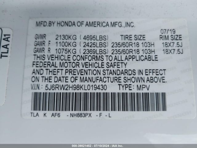 5J6RW2H98KL019430 Honda Cr-v Touring