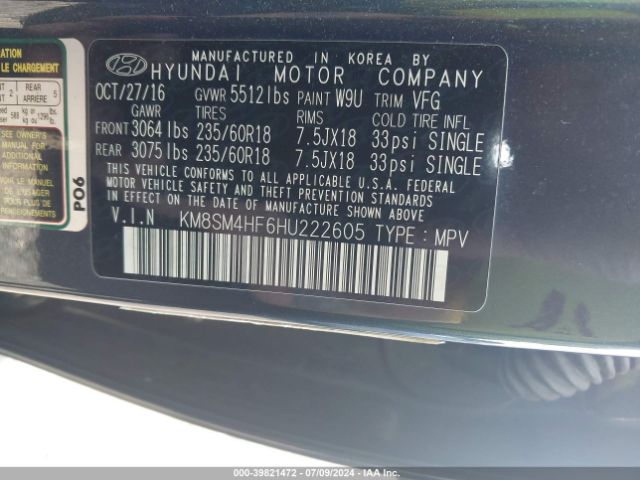 KM8SM4HF6HU222605 Hyundai Santa Fe Se