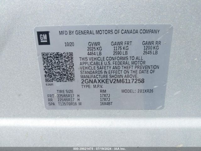 2GNAXKEV2M6117258 Chevrolet Equinox Fwd Lt