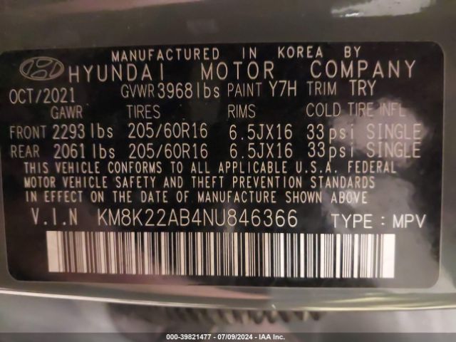 KM8K22AB4NU846366 Hyundai Kona Se