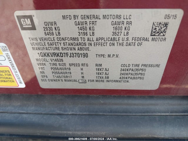 1GKKVRKD7FJ370190 GMC Acadia Slt-1