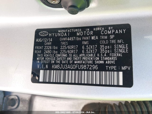 Hyundai TUCSON SE 2015 KM8JU3AG0FU987296 Image 9