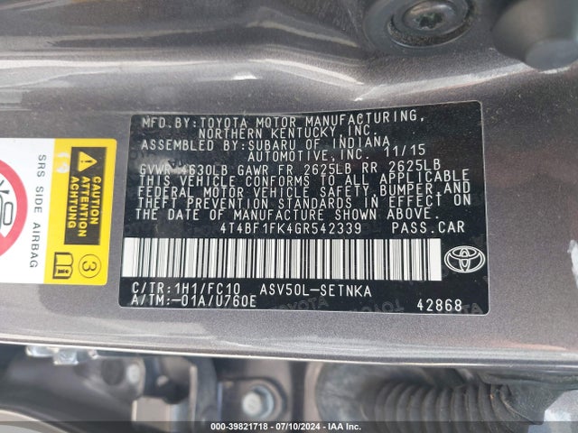 Toyota CAMRY LE 2016 4T4BF1FK4GR542339 Image 9