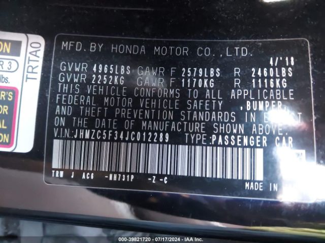 JHMZC5F34JC012289 Honda Clarity Plug-in Hybrid Touring