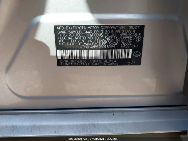 39821733 :رقم المزاد ، JTHGL46F575018594 vin ، 2007 Lexus Ls 460 L مزاد بيع