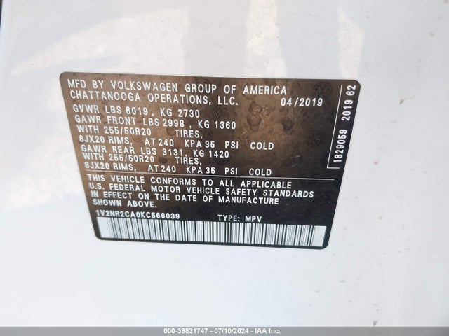 1V2NR2CA0KC566039 Volkswagen Atlas 3.6l V6 Sel Premium