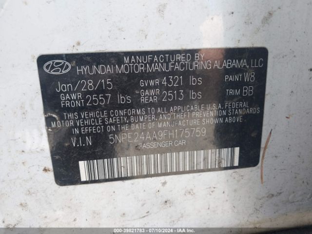 5NPE24AA9FH175759 Hyundai SONATA ECO