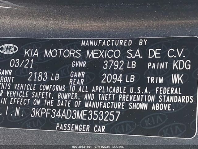 3KPF34AD3ME353257 KIA Forte Gt-line