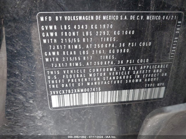 3VVCX7B2XNM007415 Volkswagen Taos 1.5t S
