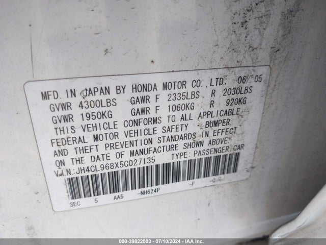Продаж на аукціоні авто 2005 Acura Tsx, vin: JH4CL968X5C027135, номер лоту: 39822003