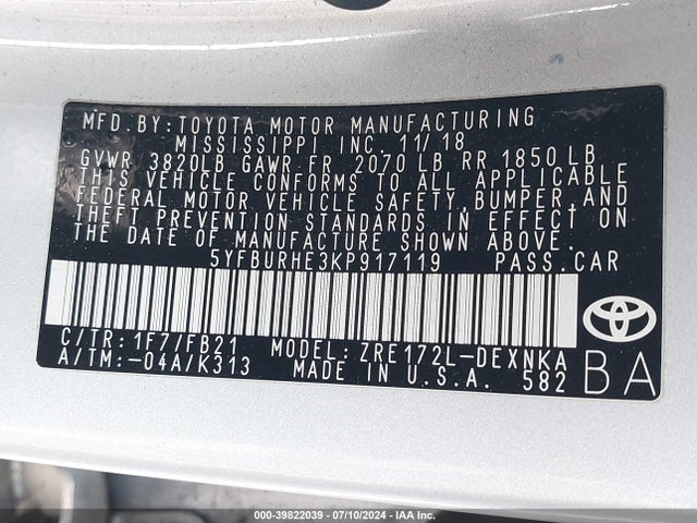 Toyota COROLLA LE 2019 5YFBURHE3KP917119 Image 9