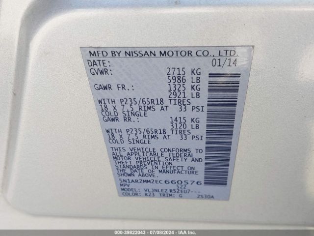 5N1AR2MM2EC660576 Nissan Pathfinder Platinum/s/sl/sv