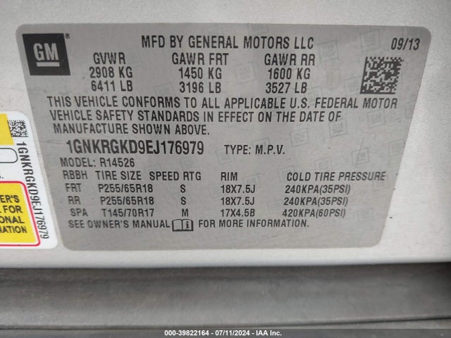 Chevrolet Traverse 1lt 2014 1GNKRGKD9EJ176979 Image 9