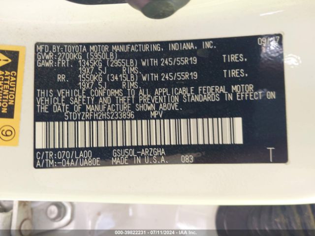5TDYZRFH2HS233896 Toyota Highlander Limited