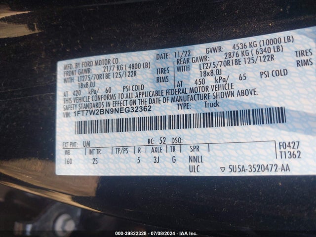 Ford F-250 Xlt 2022 1FT7W2BN9NEG32362 Image 9