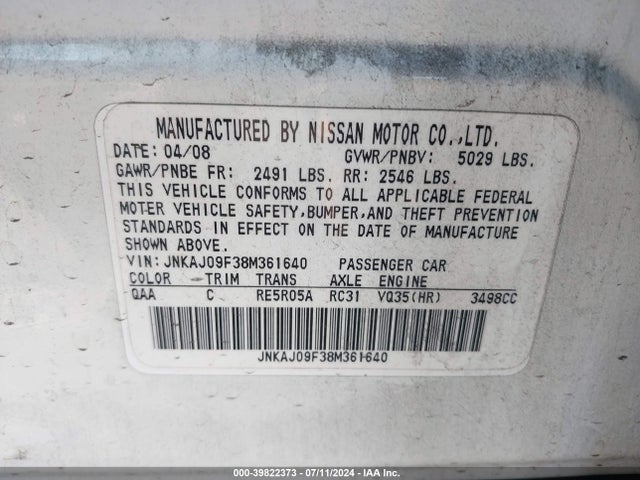 Продаж на аукціоні авто 2008 Infiniti Ex35 Journey, vin: JNKAJ09F38M361640, номер лоту: 39822373