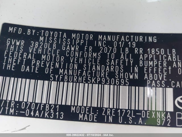 Toyota COROLLA LE 2019 5YFBURHE5KP930695 Image 9