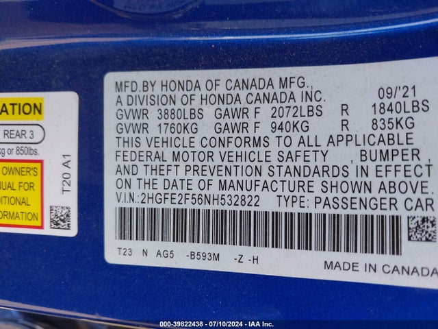 Honda Civic 2022 2HGFE2F56NH532822 Image 22