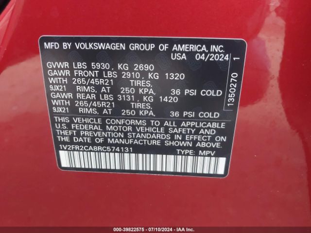 1V2FR2CA8RC574131 Volkswagen Atlas 2.0t Sel Premium R-line