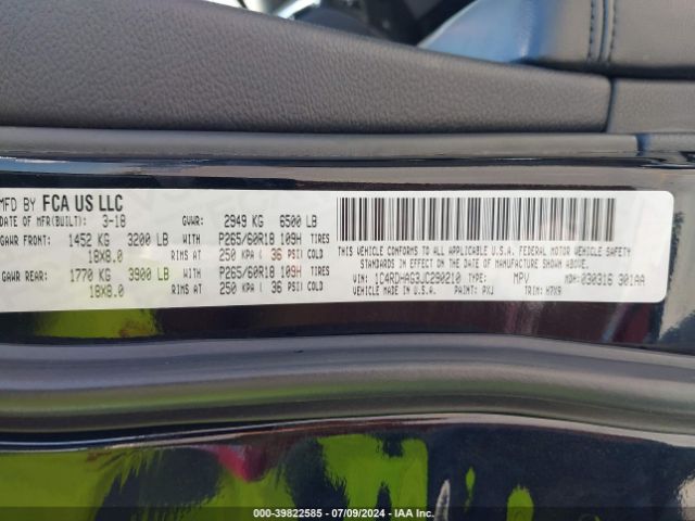 1C4RDHAG3JC290210 Dodge Durango Sxt Rwd
