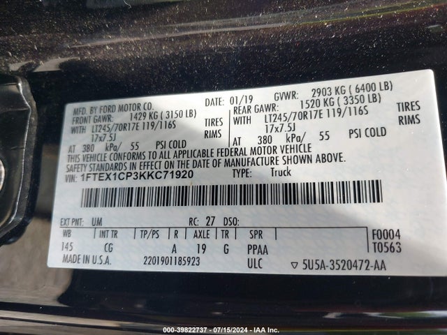 Продаж на аукціоні авто 2019 Ford F-150 Xl, vin: 1FTEX1CP3KKC71920, номер лоту: 39822737