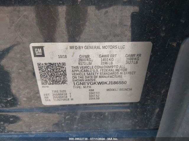 1GNEVGKW0KJ186550 Chevrolet Traverse 1lt