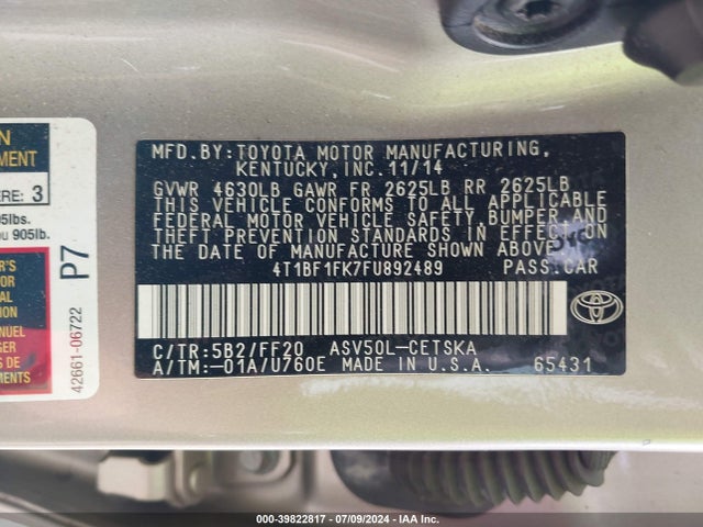 Toyota CAMRY SE 2015 4T1BF1FK7FU892489 Image 9