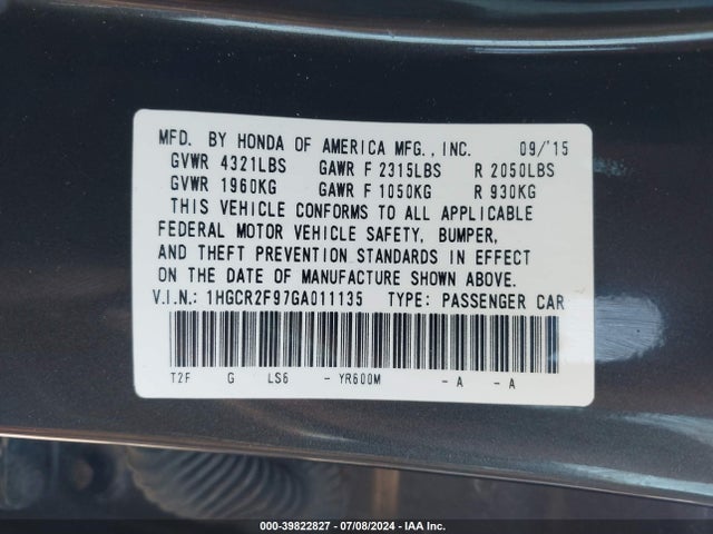 Honda Accord Ex-l 2016 1HGCR2F97GA011135 Image 9