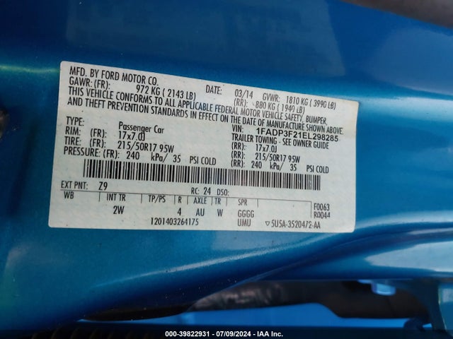 Ford FOCUS SE 2014 1FADP3F21EL298285 Image 9